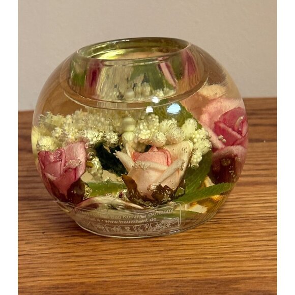 Gilde Dreamlight Glass Tealight Candle Holder Pink Roses Foilage Germany - Picture 1 of 8